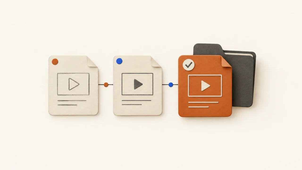 Three video-file versions leading to one checked export card in a folder.