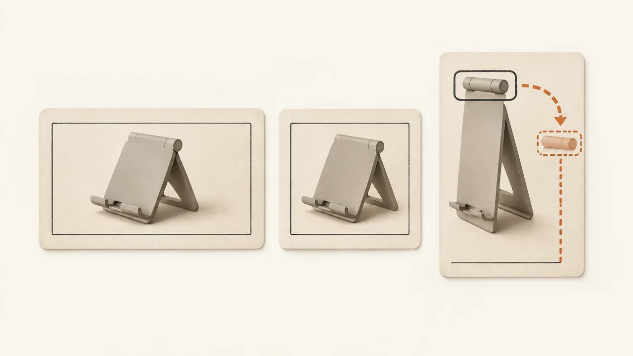 A folding stand reframed for wide, square, and vertical compositions while preserving its hinge action.