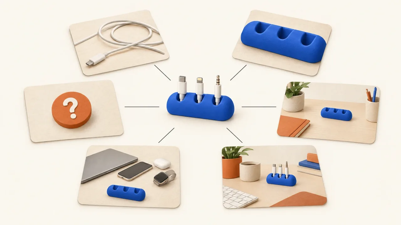 A cable keeper surrounded by six visual directions for explaining the same product.