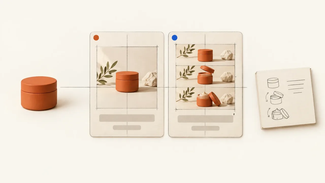 A cosmetic image and video pair sharing product, headline, and invitation with motion kept distinct.