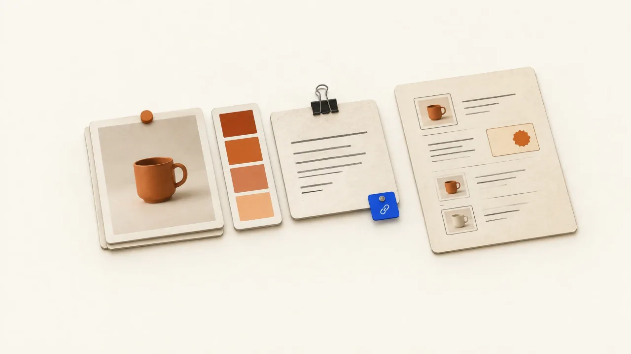 A brand-reference packet containing a product photo, color swatches, copy notes, and a separate campaign sheet.