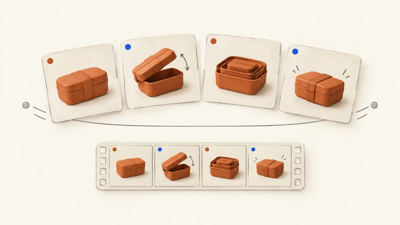 Four product-story carousel cards adapted into corresponding beats on a short film strip.
