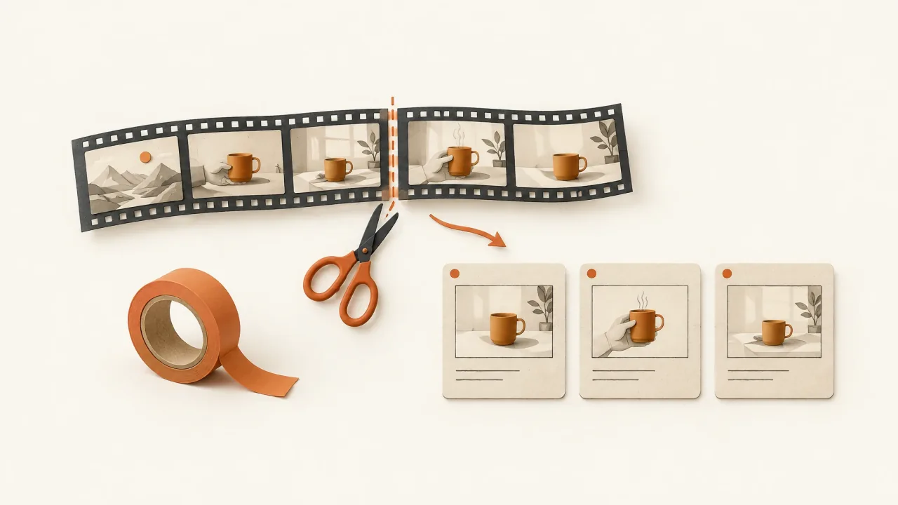 A cinematic filmstrip adapted into three product-focused scenes featuring a tape roll.