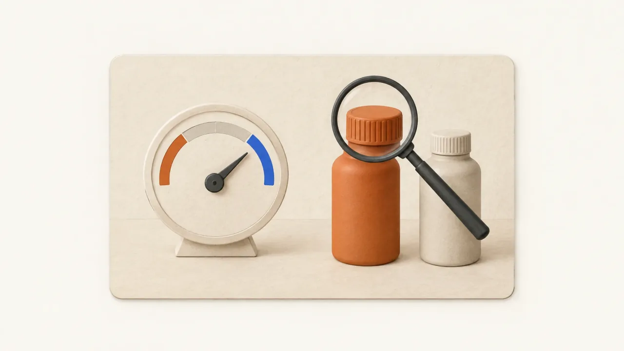 A prediction gauge beside a magnifying glass checking a generated bottle against its reference.