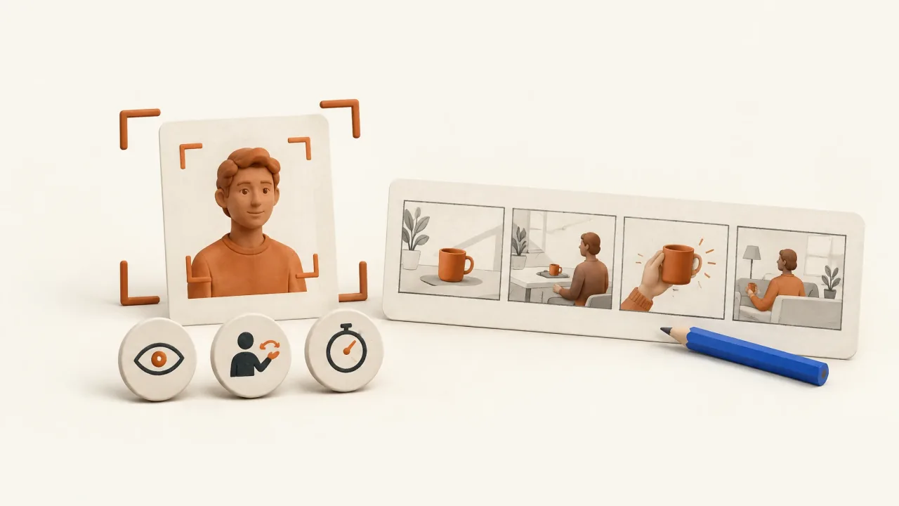Presenter direction controls beside a storyboard exploring several different product scenes.