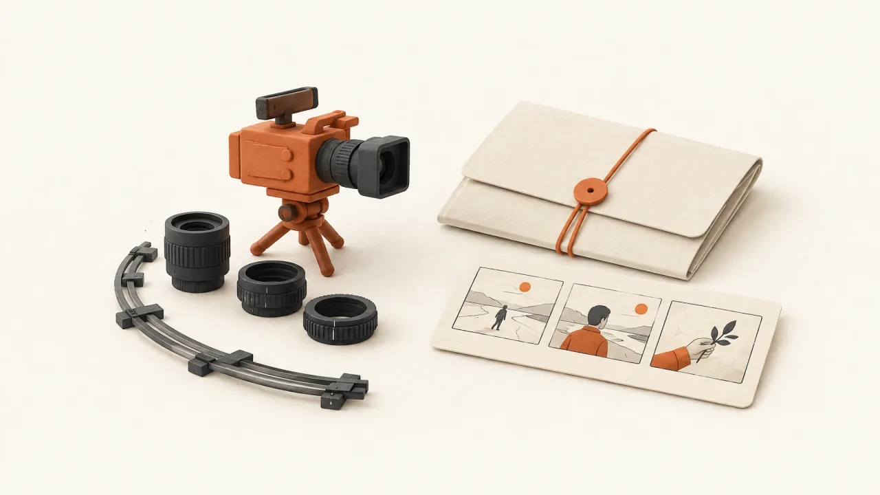 A miniature camera with shot controls beside a production brief and three planned scenes.