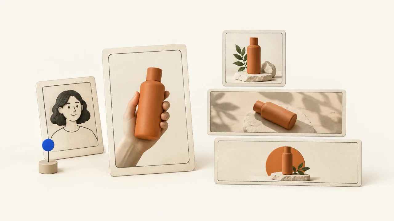 A consistent product-in-hand presenter frame beside a mixed-format creative set.