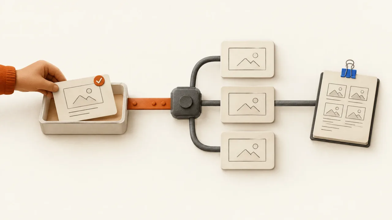 A reviewed creative export connected to campaign placement frames and an observation notebook.