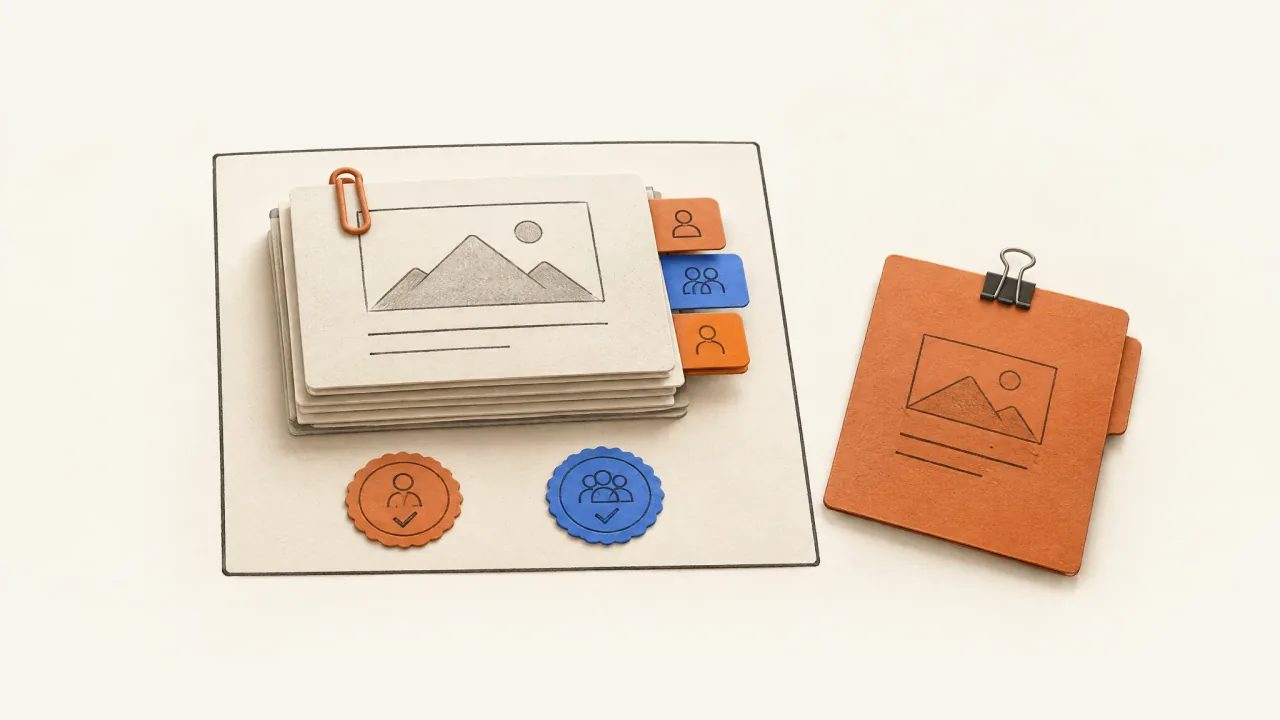 Campaign files with contributor tabs and approval seals beside one production brief.