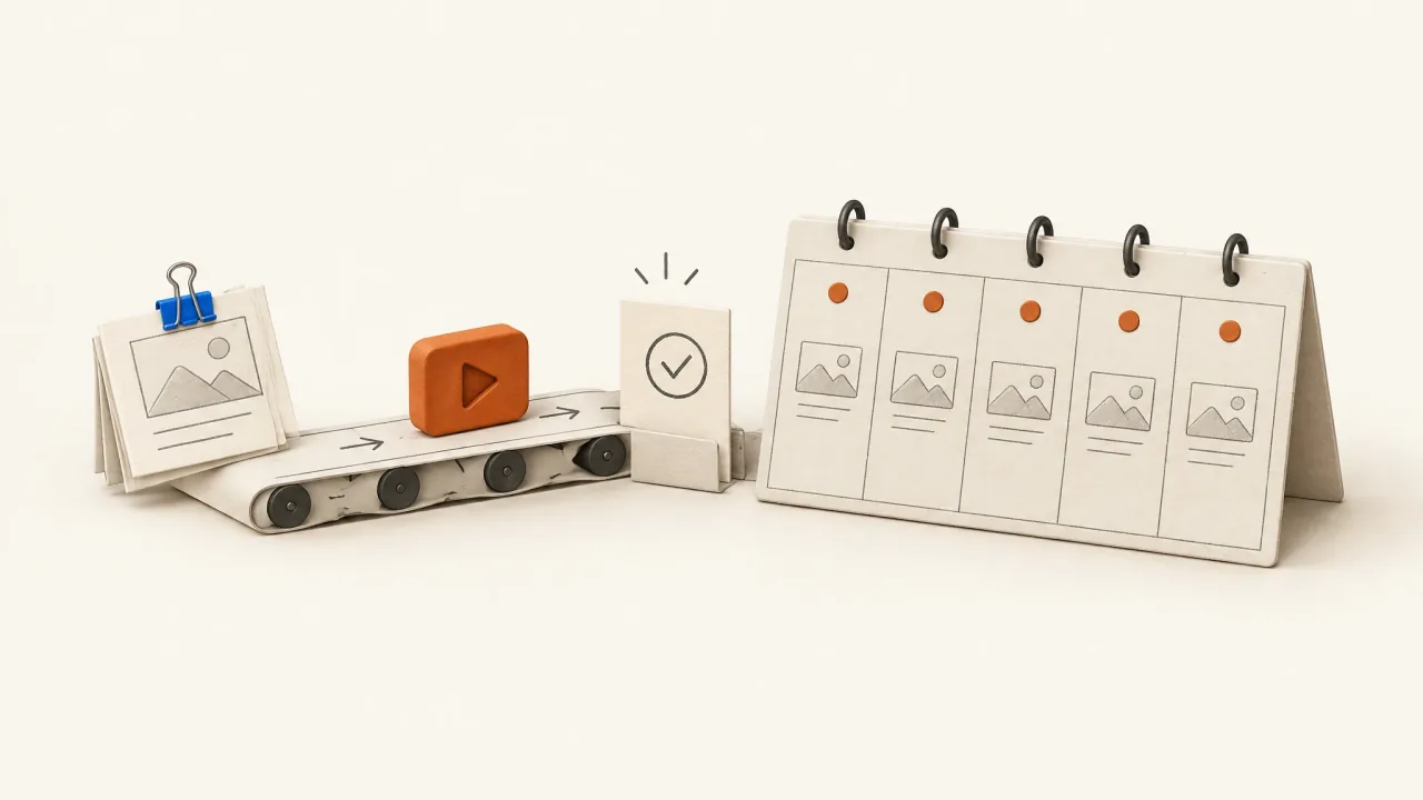 A produced video tile awaiting approval beside a separate publishing calendar.