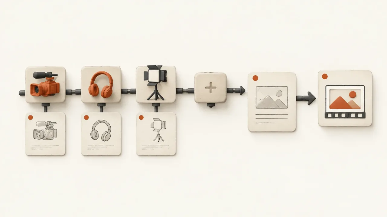 A reusable modular asset pipeline beside a brief leading to one finished creative delivery.