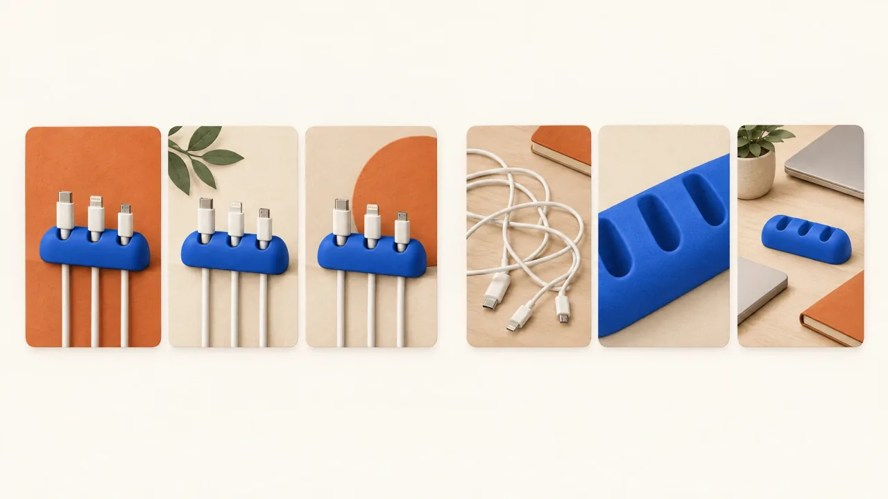 One repeated product scene in different visual styles beside three different ad concepts.