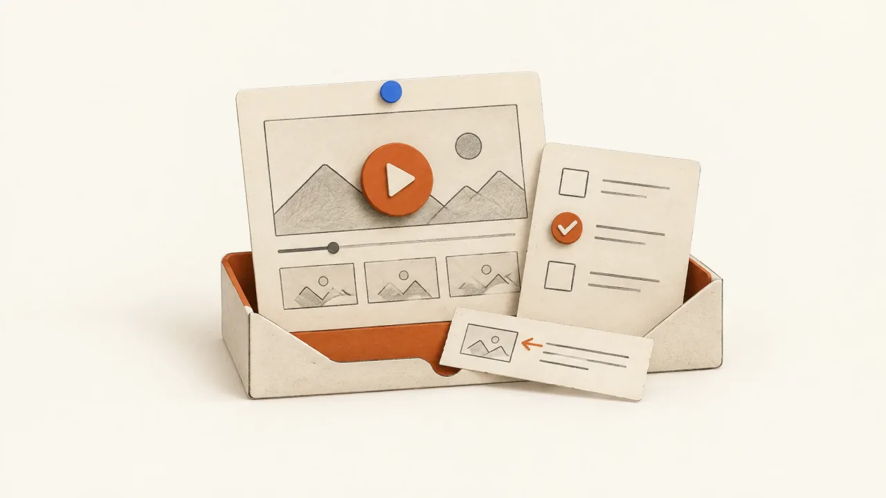 A video candidate beside review criteria, a decision marker, and a note requesting one specific edit.