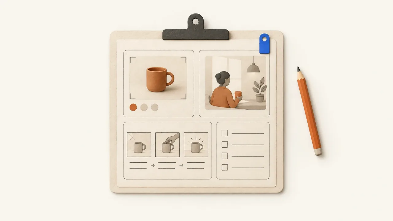 A concise production brief with product references, audience context, a storyboard, and review criteria.