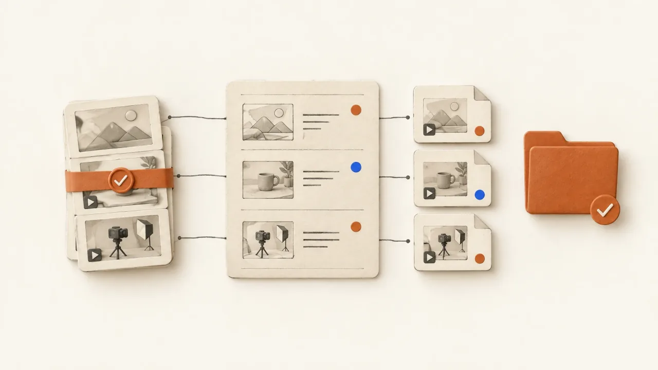 Three delivered video files connected to matching rows in a creative asset manifest.