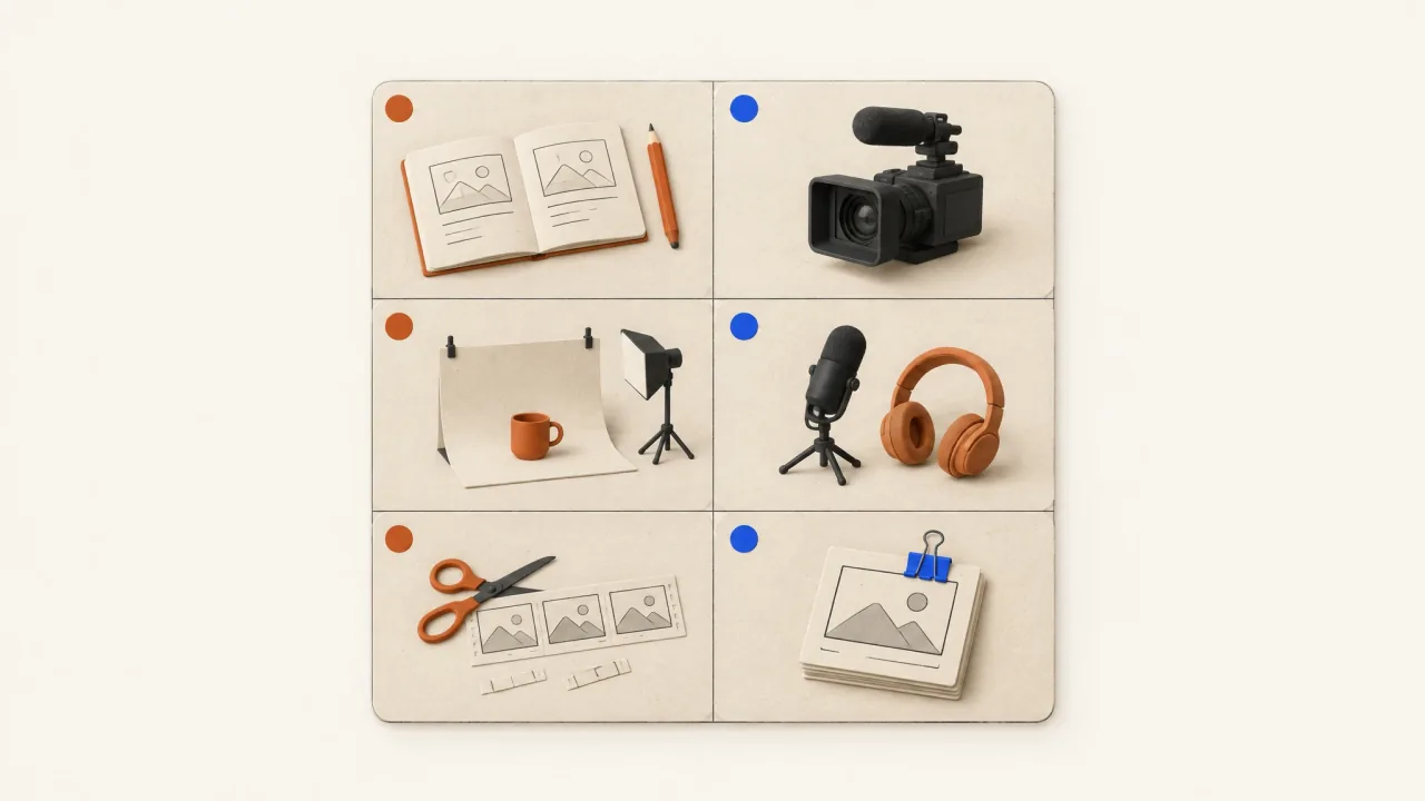 Six production-tool scenes arranged in a three-by-two grid with terracotta and blue markers.