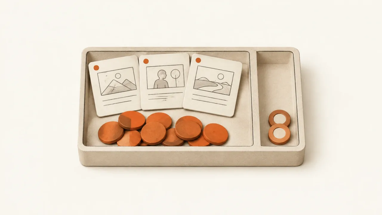 A defined packet of storyboard cards with separate credit tokens reserved for corrections.