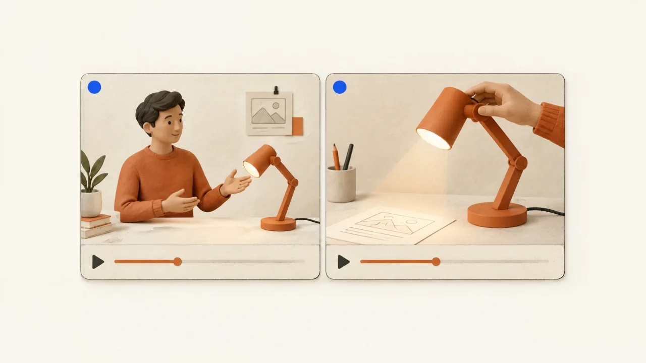 A presenter-led explanation beside a studio close-up demonstrating the same adjustable lamp.