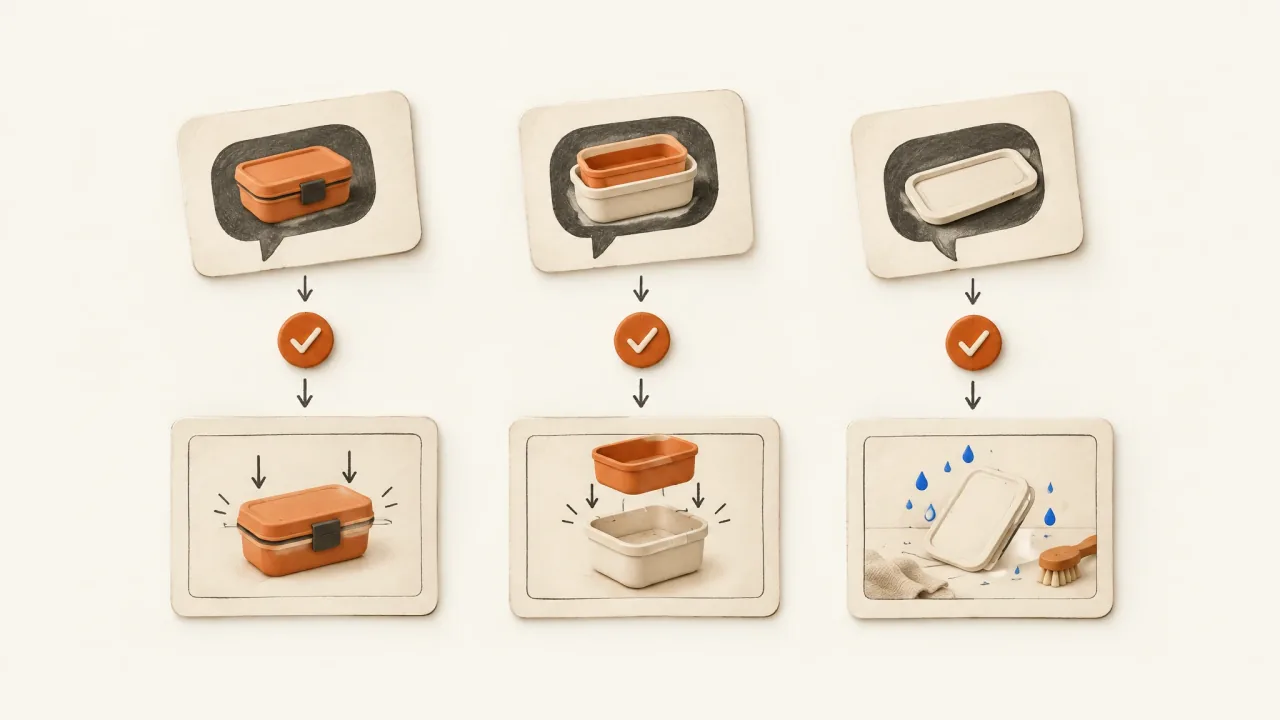 Three product-question cards connected through fact checks to distinct demonstration scenes.