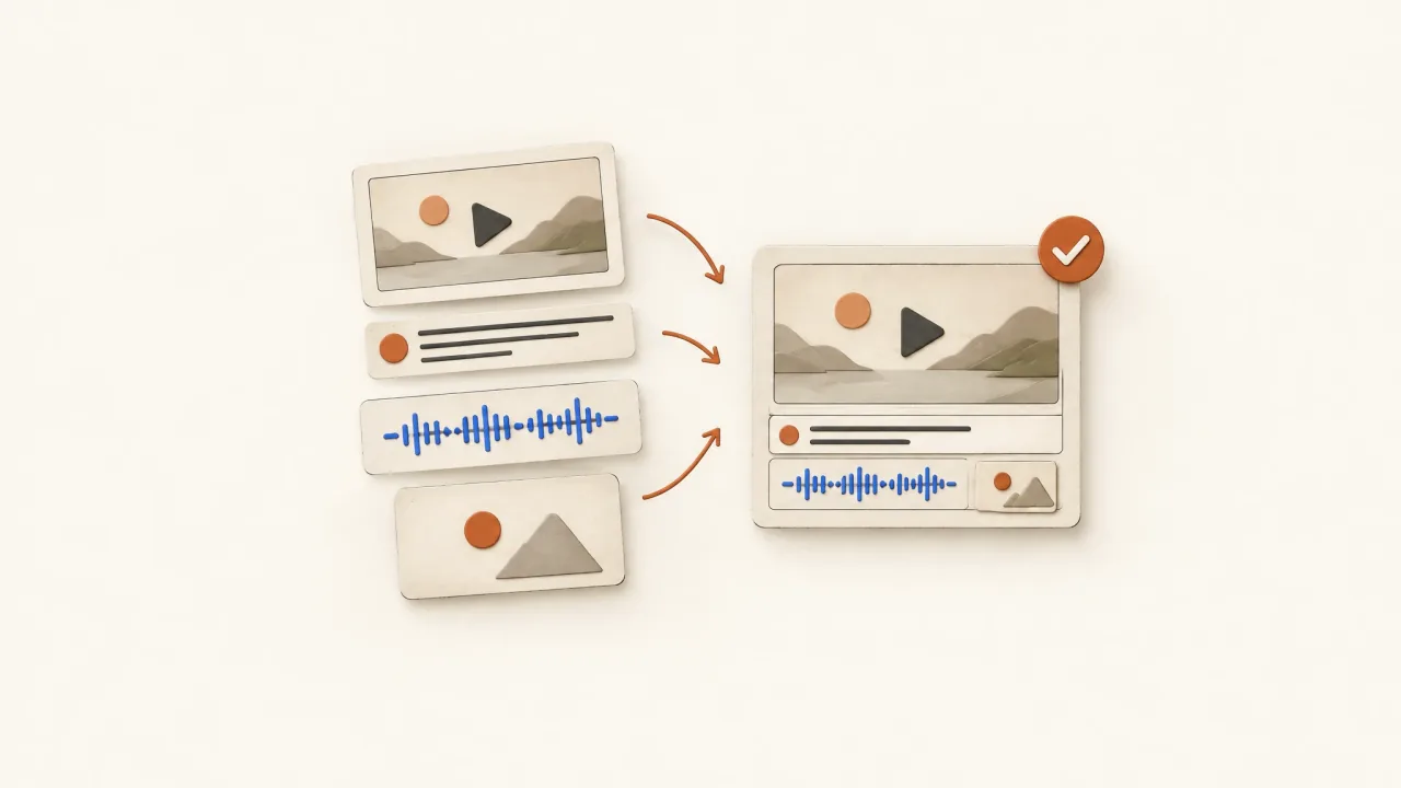 A raw video clip assembled with audio, captions, and an end card into a complete video.