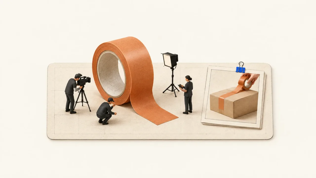 A miniature camera setup inspecting an enlarged tape roll beside its ordinary parcel-sealing use.