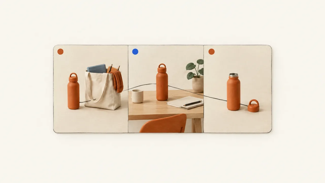 The same reusable bottle carried through a morning bag, desk, and return routine.
