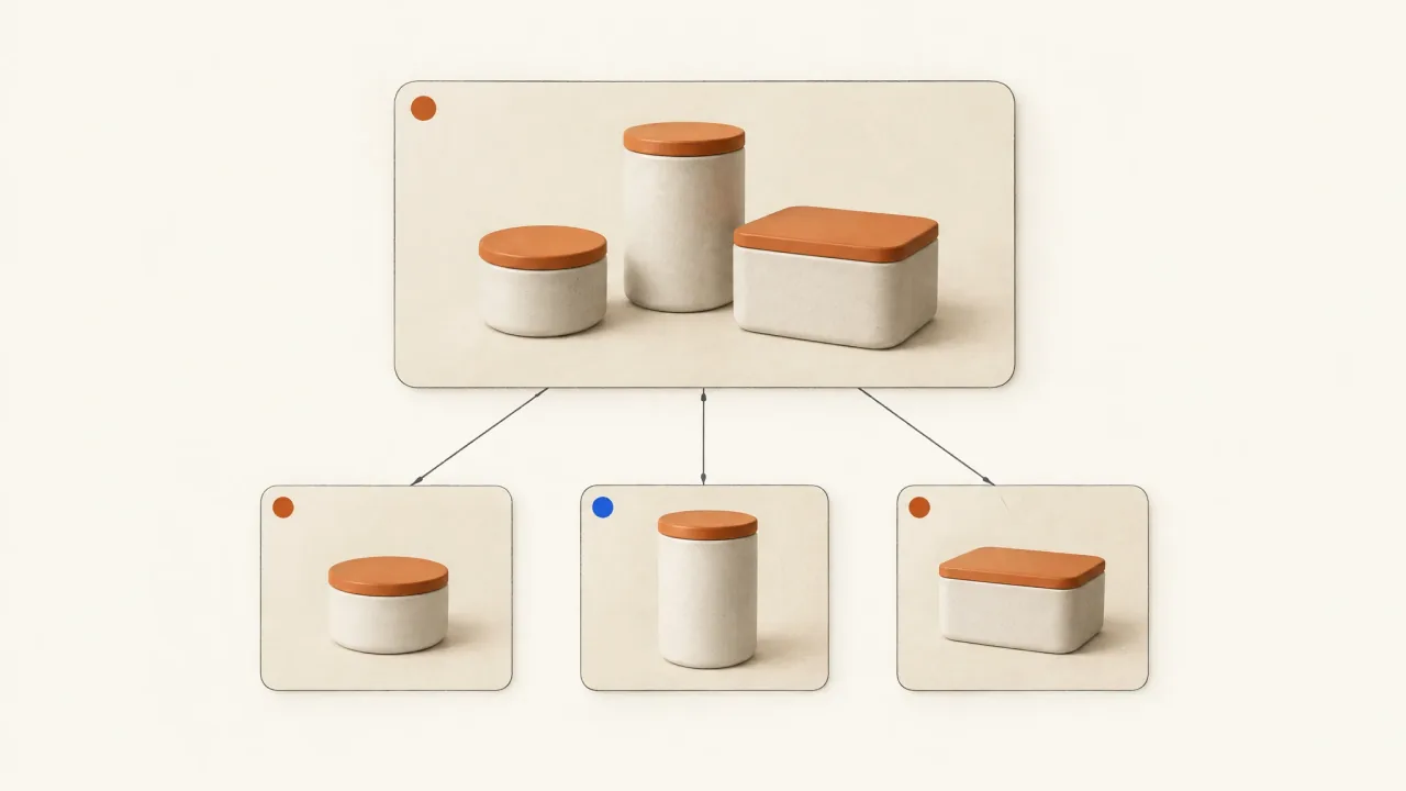 A collection hero frame connected to three product cards showing the same individual containers.