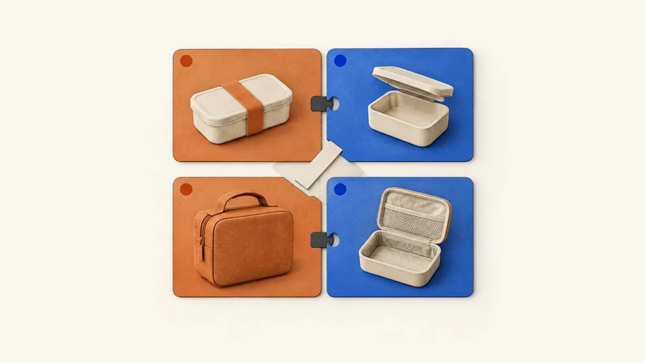 Modular creative cards with matching connections and a separated incompatible pairing.