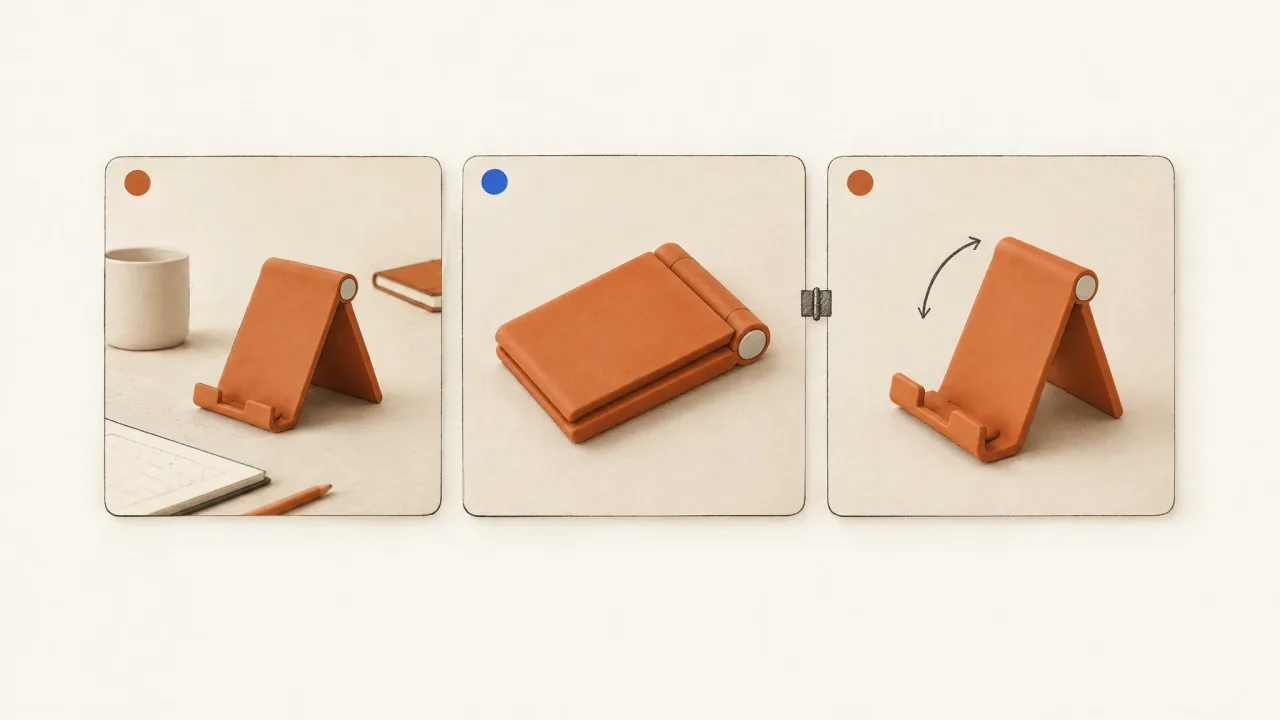 Three poster candidates compared with the opening frame of a folding-stand demonstration.