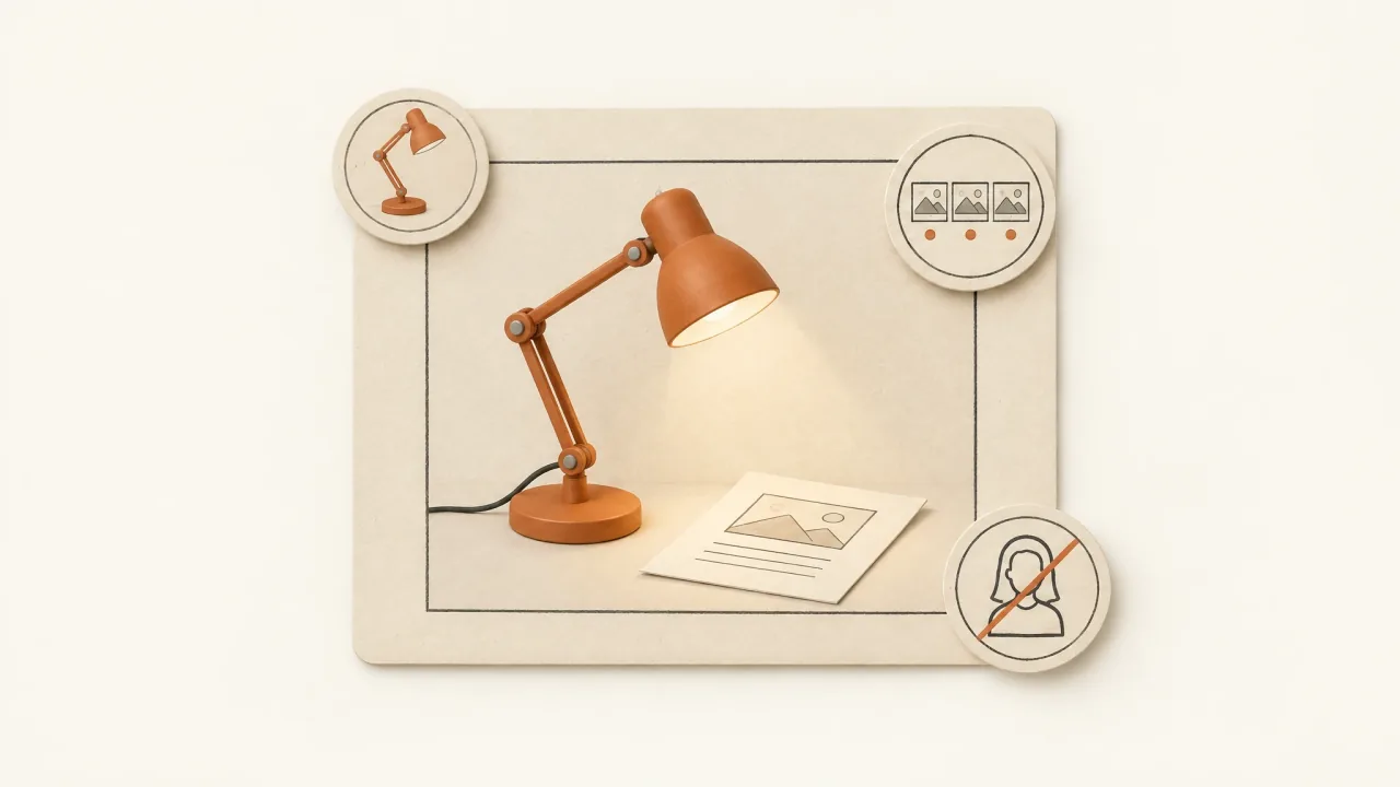 An ordinary desk lamp framed by simple constraints for a short product-focused story.