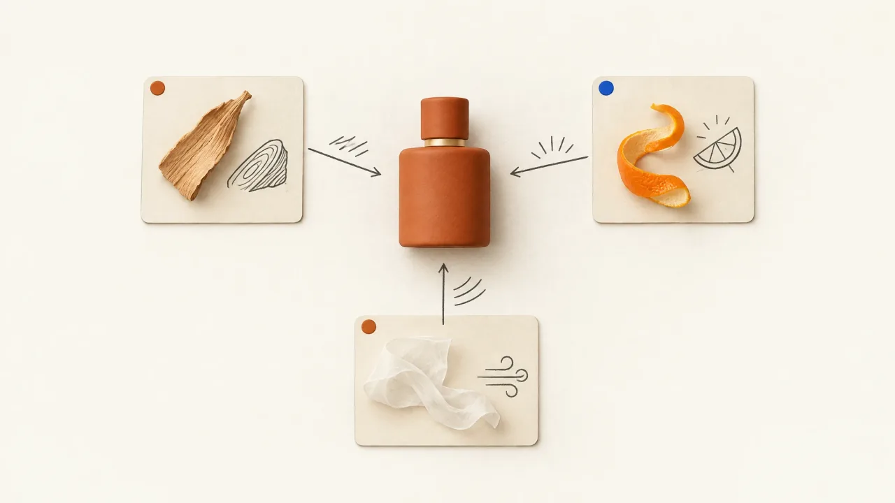 A literal perfume bottle beside symbolic cedar, citrus, and air cues for visual direction.