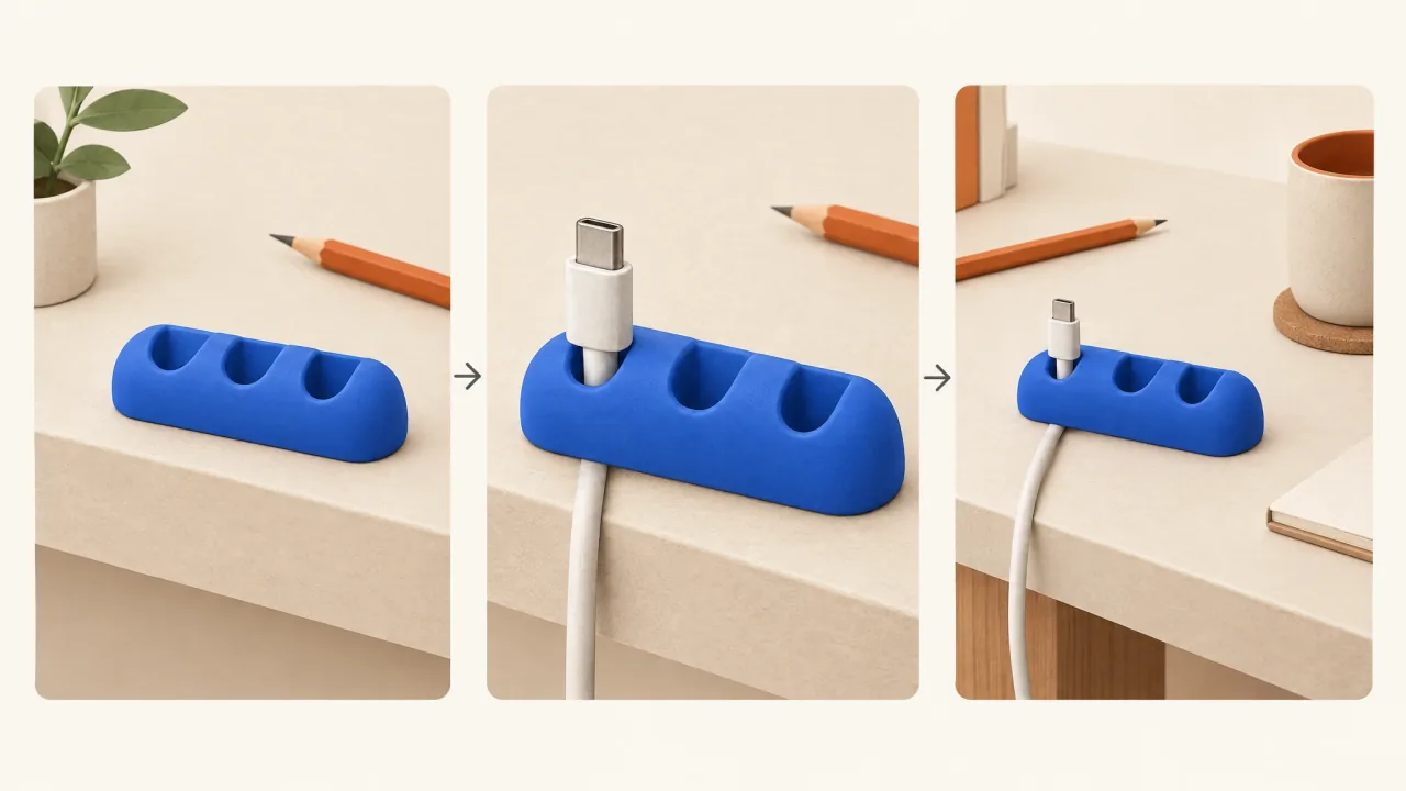 Three planned views showing what a cable keeper is, how a cable rests in it, and where it fits on a desk.