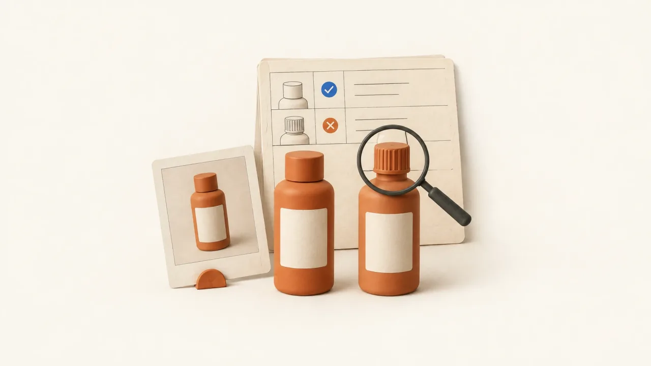 A product reference compared with a generated bottle whose mismatched cap is highlighted.