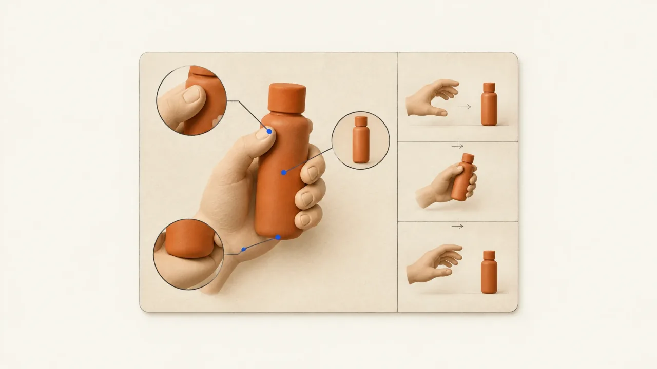 A hand holding a product bottle with inspection points for grip, contact, and scale.
