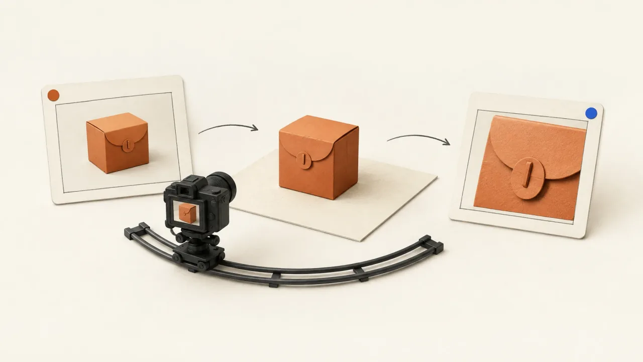 A controlled camera path revealing a package clasp between two planned viewing angles.