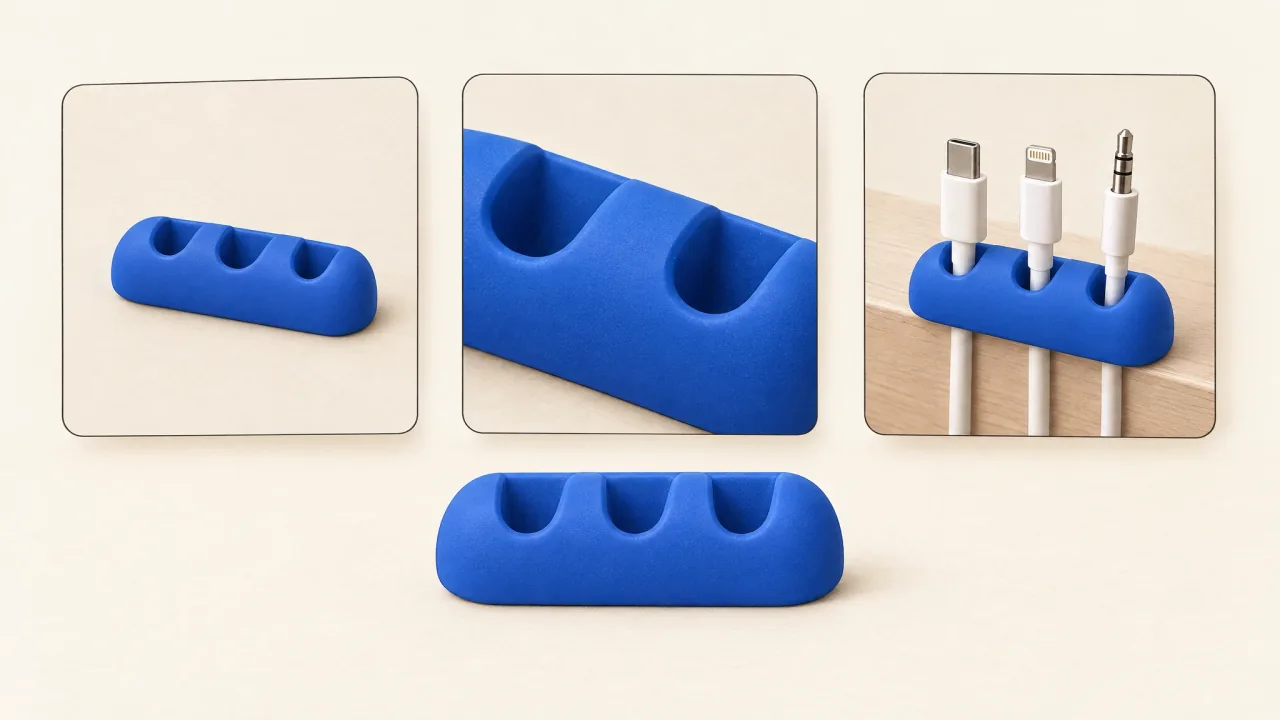 Matching full, detail, and contextual reference views of one cable keeper.