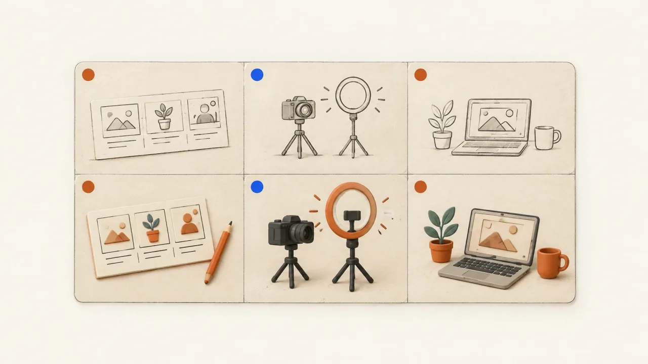 A reference storyboard's sequence rebuilt with original product scenes and a new visual identity.