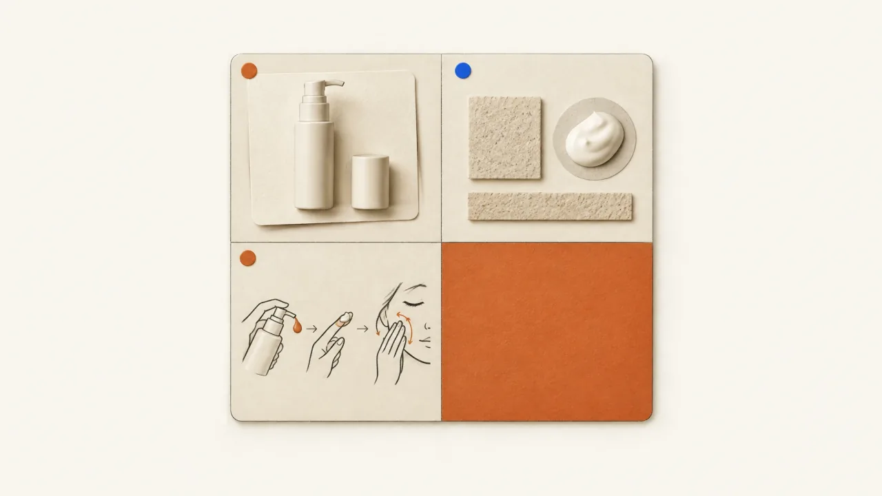 Skincare packaging, texture, and application references separated from an illustrative background.
