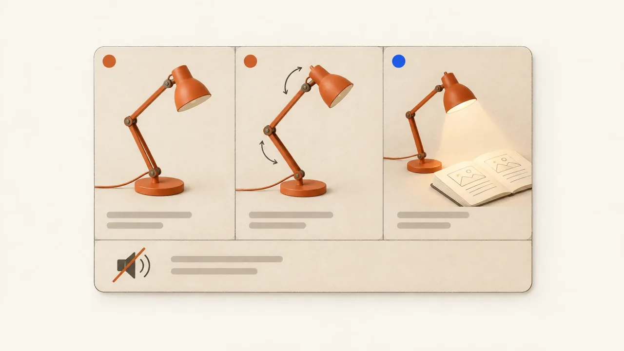 A lamp's visible use explained in three scenes beside a muted-speaker marker.
