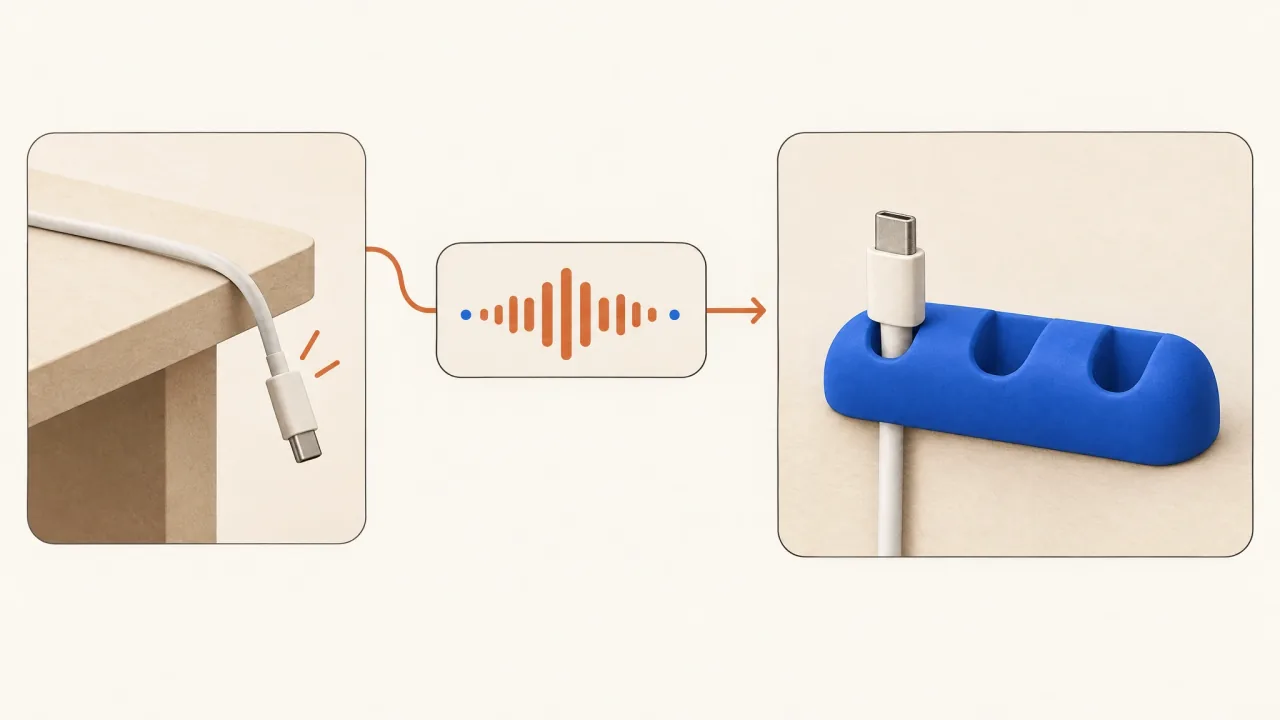 An opening image and a separate spoken-message track contributing to one coherent product story.