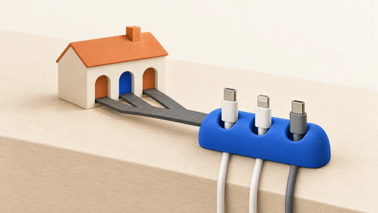 A small house with three doors connected to a cable keeper with three slots.