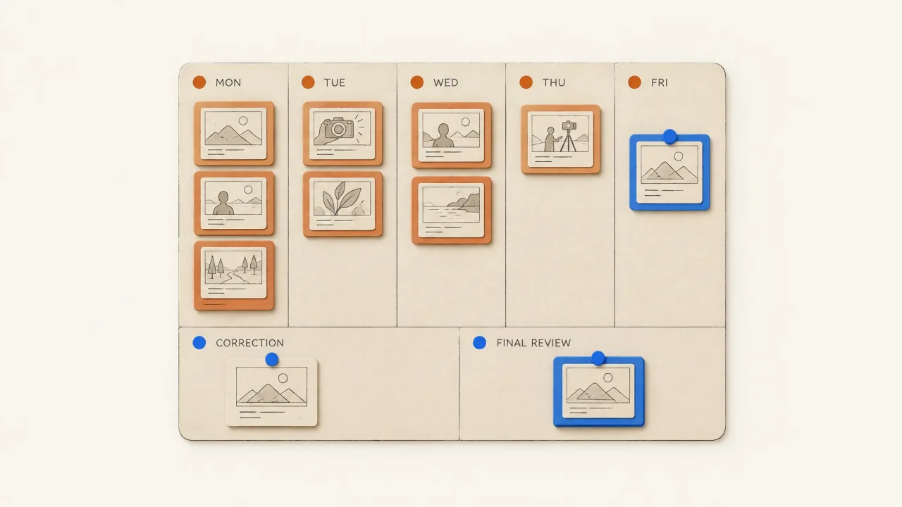 A weekly production board with a limited set of creative tasks, correction time, and a final-review slot.
