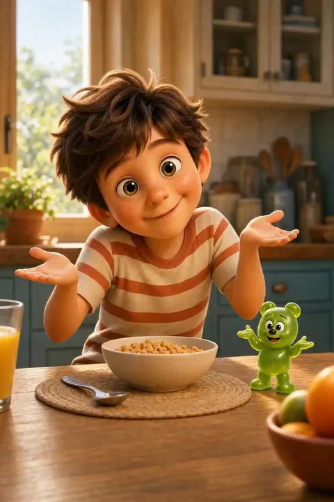 Animated child at a breakfast table, illustrating a faceless story