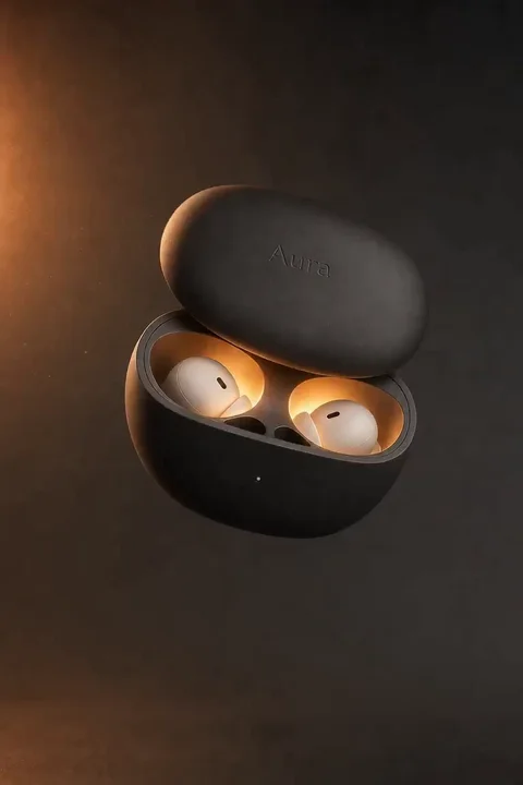 Earbuds in an open case, lit as a cinematic product showcase