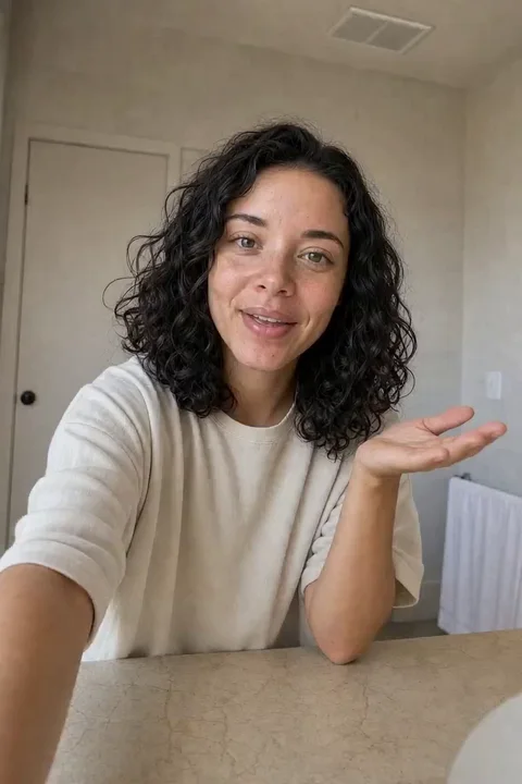 A sample AI presenter speaking to camera in a home setting
