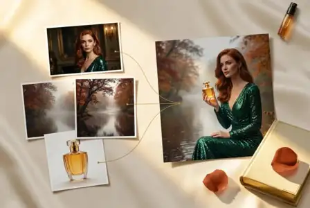 Luxury perfume mood board featuring elegant woman in emerald sequin dress holding golden fragrance bottle with autumn forest and nature photography