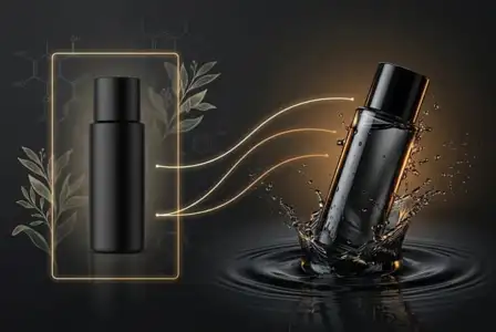 Luxury black cosmetic serum bottle with water splash, gold neon waves, and botanical ingredients on dark background