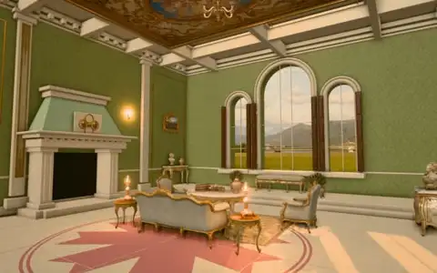 A sage and ivory Rococo salon in 1750, lit by low evening sun through three tall windows, with gilt Scenario-generated furniture
