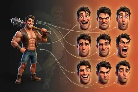 3D animated male character showing nine different facial expressions including happy, angry, sad, and shocked, with spiked weapon and muscular build