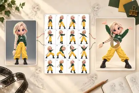 Anime character design sheet showing blonde girl in green jacket and yellow pants with multiple poses and expressions for animation